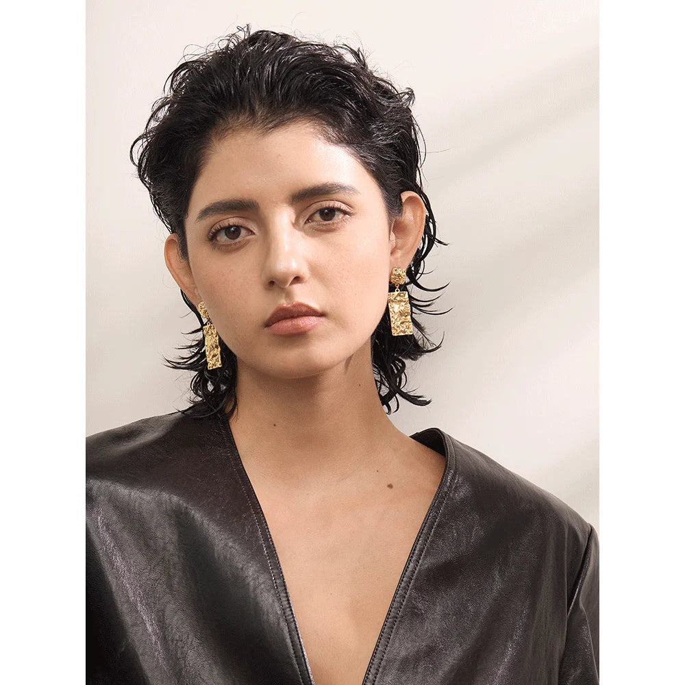 Yhpup Stainless Steel Metal Hammer Rectangle Dangle Drop  Earrings Prevent Allergy Stainless Steel Daily Jewelry Gift