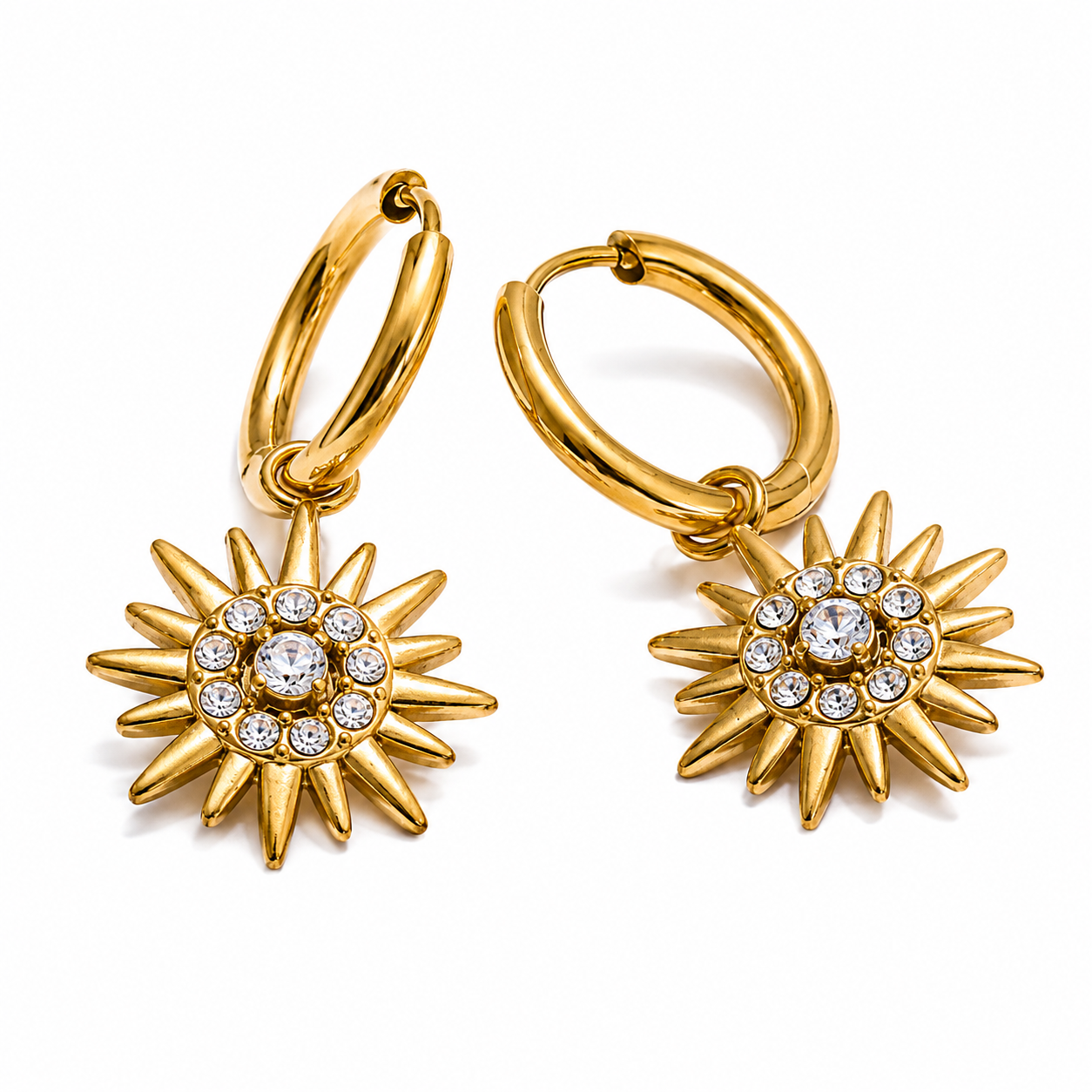18K Gold Plated Sunburst Crystal Hoop Earrings