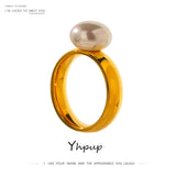 Yhpup Elegant Shell Pearl Ring Fashion Gold Stainless Steel Metal Texture 18 K Plated Geometric Charm Jewelry Women Engagement