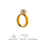Yhpup Elegant Shell Pearl Ring Fashion Gold Stainless Steel Metal Texture 18 K Plated Geometric Charm Jewelry Women Engagement