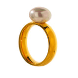Yhpup Elegant Shell Pearl Ring Fashion Gold Stainless Steel Metal Texture 18 K Plated Geometric Charm Jewelry Women Engagement