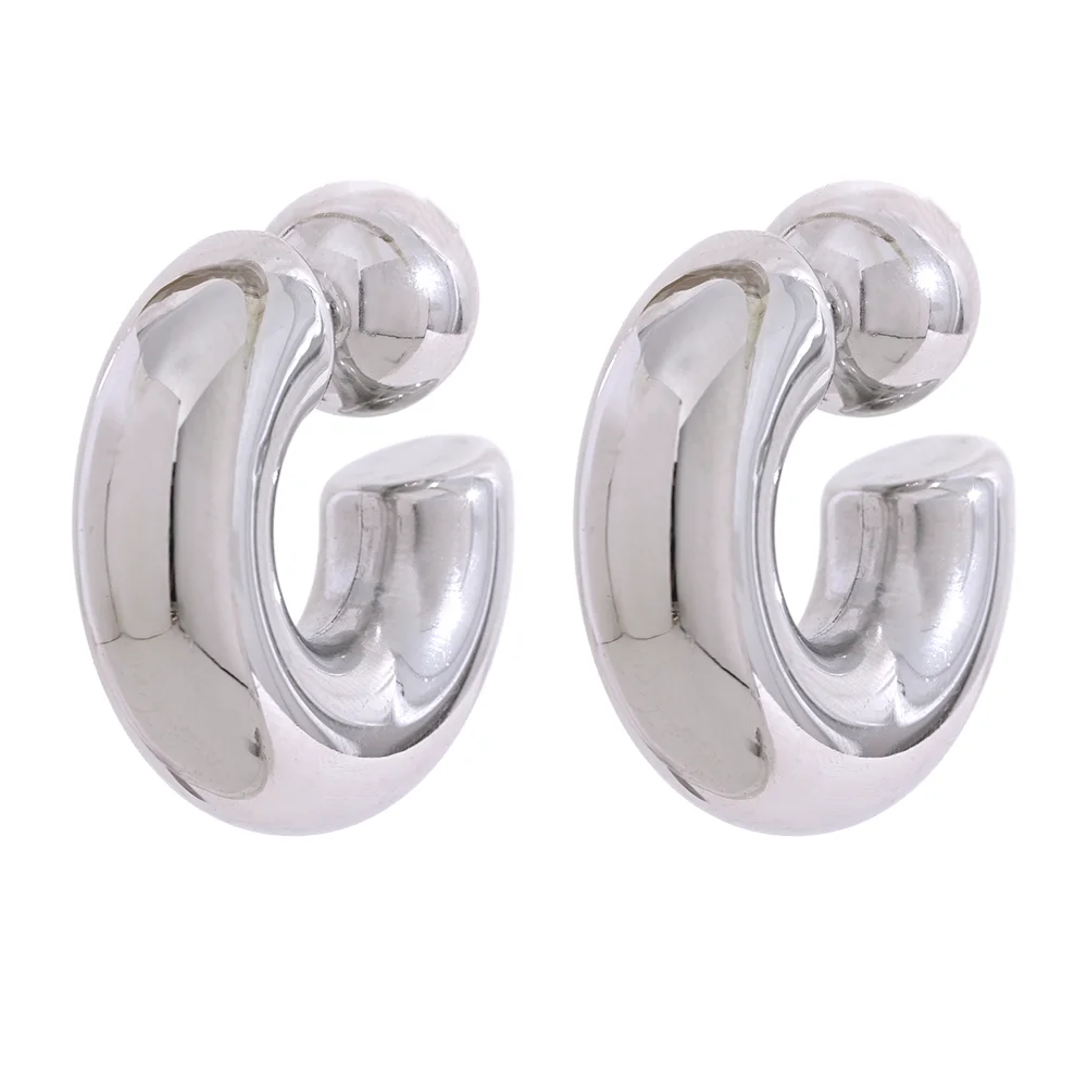 Yhpup Stainless Steel C Shape Round Chunky Unusual Earrings Jewelry Waterproof Metal Texture Attractive Women Accessories Gift