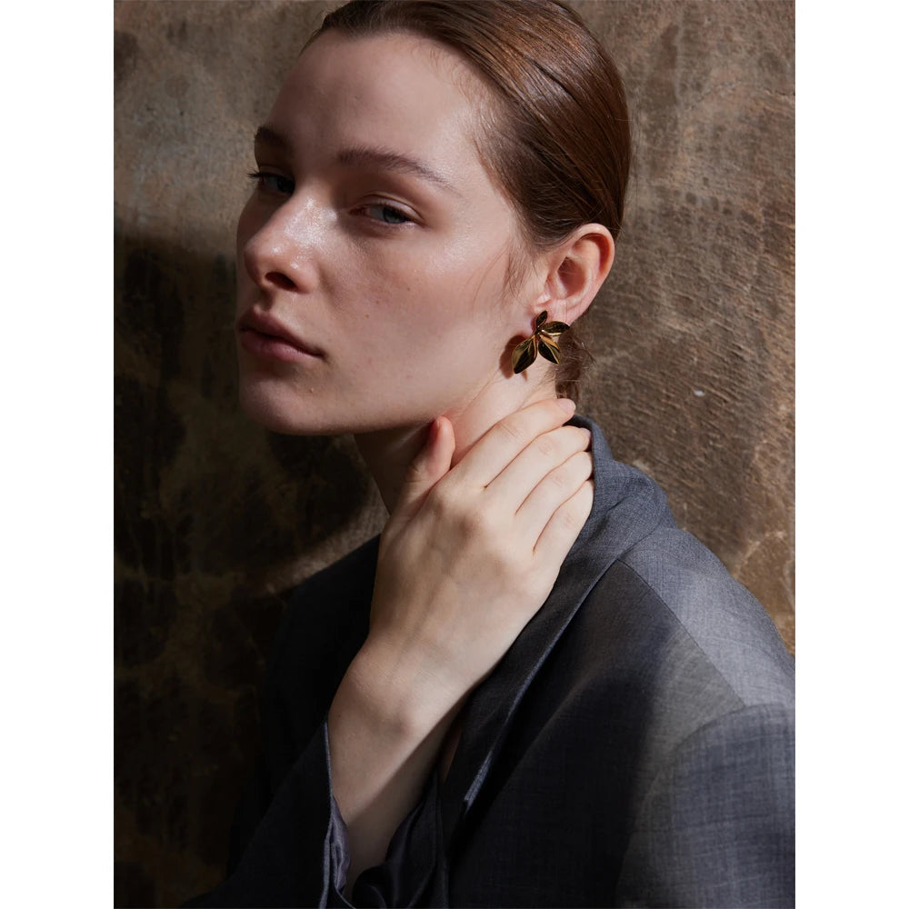 Yhpup Fashion Stainless Steel Leaves Flower Stud Earrings Bright Anti Allergy Waterproof Charm Texture High Quality Jewelry