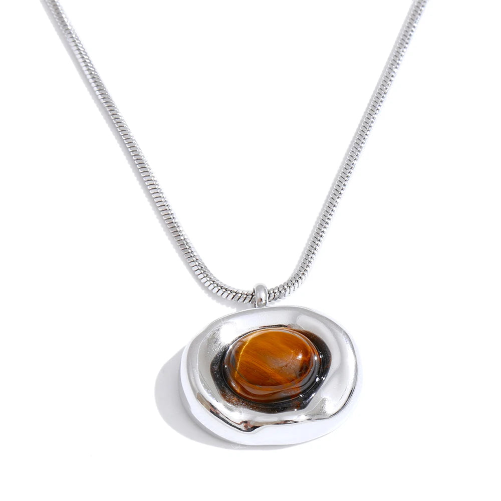 Yhpup Natural Tiger Stone Pendant Necklace High Quality PVD Plated Stainless Steel Collar Popular Jewelry Daily Hypoallergenic
