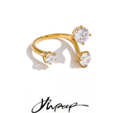 Yhpup Stainless Steel Shiny Cubic Zirconia Adjustable Ring 16K PVD Plated Trending Premium Jewelry for Women Gift
