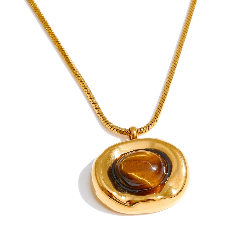 Yhpup Natural Tiger Stone Pendant Necklace High Quality PVD Plated Stainless Steel Collar Popular Jewelry Daily Hypoallergenic