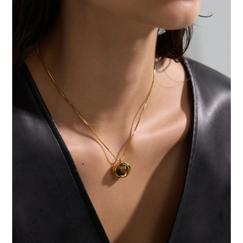 Yhpup Natural Tiger Stone Pendant Necklace High Quality PVD Plated Stainless Steel Collar Popular Jewelry Daily Hypoallergenic