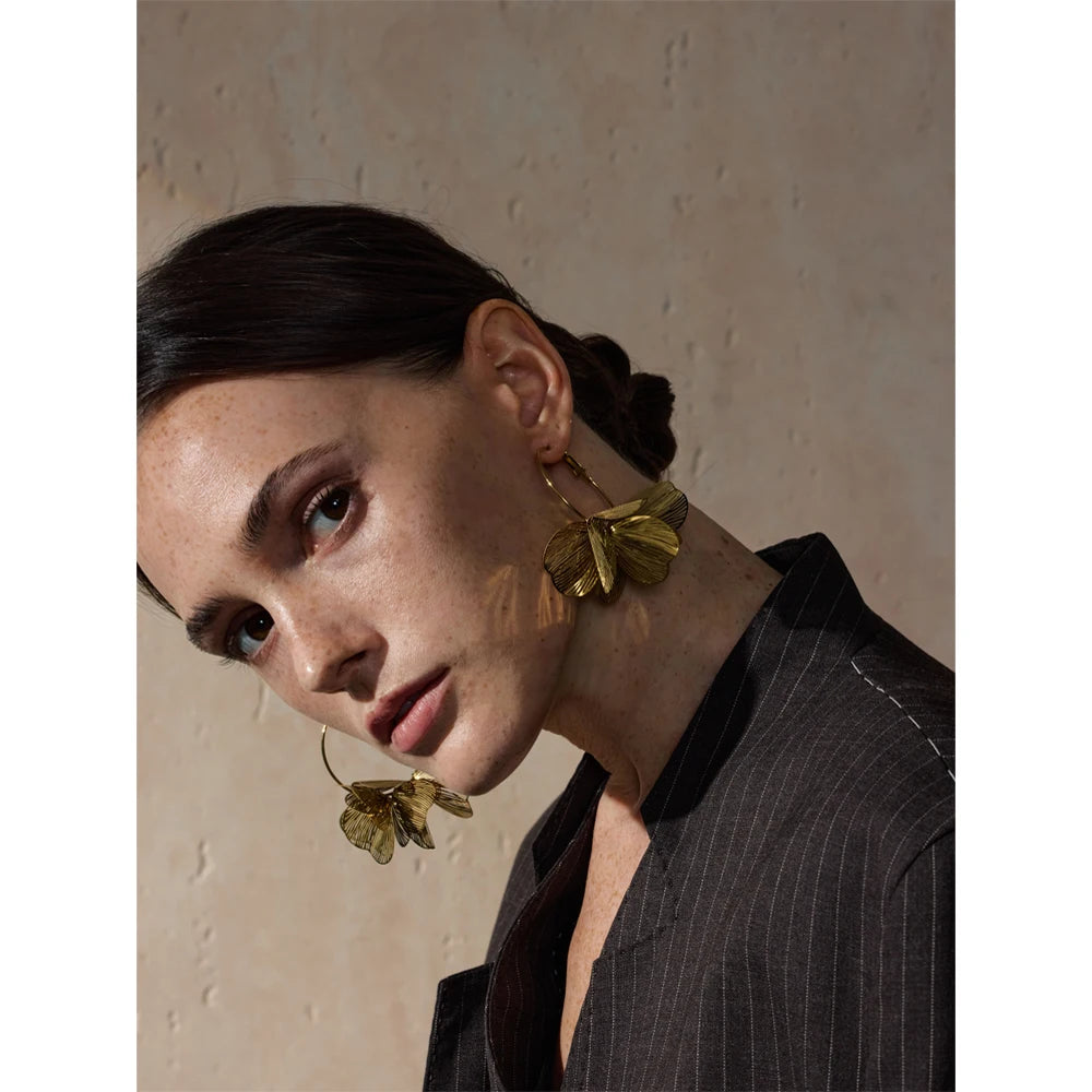 Yhpup Exclusive Design Stainless Steel Metal Flower Big Hoop Earrings Personality Fashion Waterproof Eye-catching Jewelry