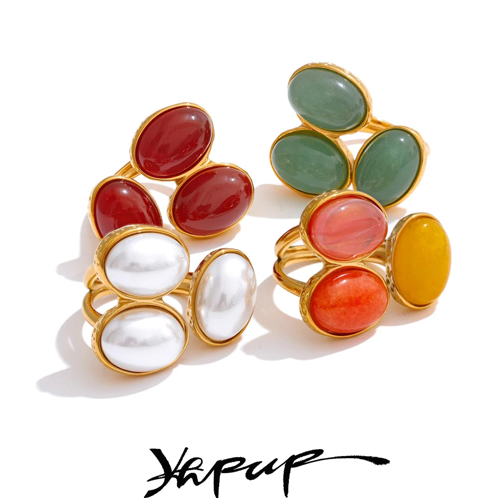 Yhpup Natural Aventurine Agate Stone Shell Pearl Flower Adjustable Ring Fashion Stainless Steel Charm Finger Jewelry Accessories