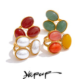 Yhpup Natural Aventurine Agate Stone Shell Pearl Flower Adjustable Ring Fashion Stainless Steel Charm Finger Jewelry Accessories