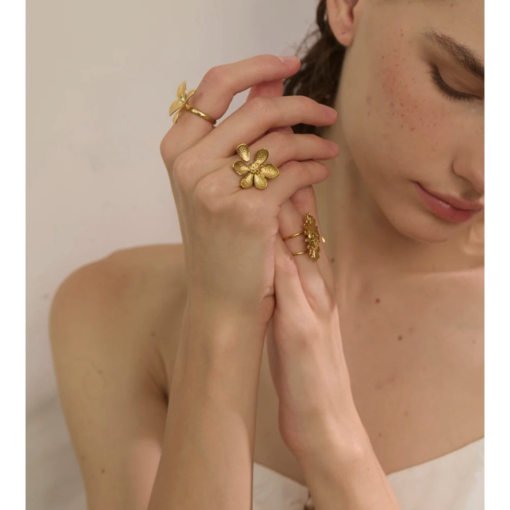 Yhpup Adjustable Stainless Steel Flower Golden Cast Ring Tarnish Resistant Metal Fashion Daily Versatile Finger Jewelry New