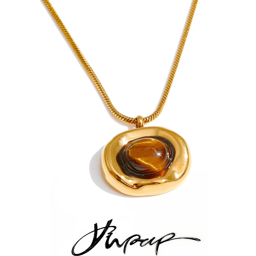 Yhpup Natural Tiger Stone Pendant Necklace High Quality PVD Plated Stainless Steel Collar Popular Jewelry Daily Hypoallergenic