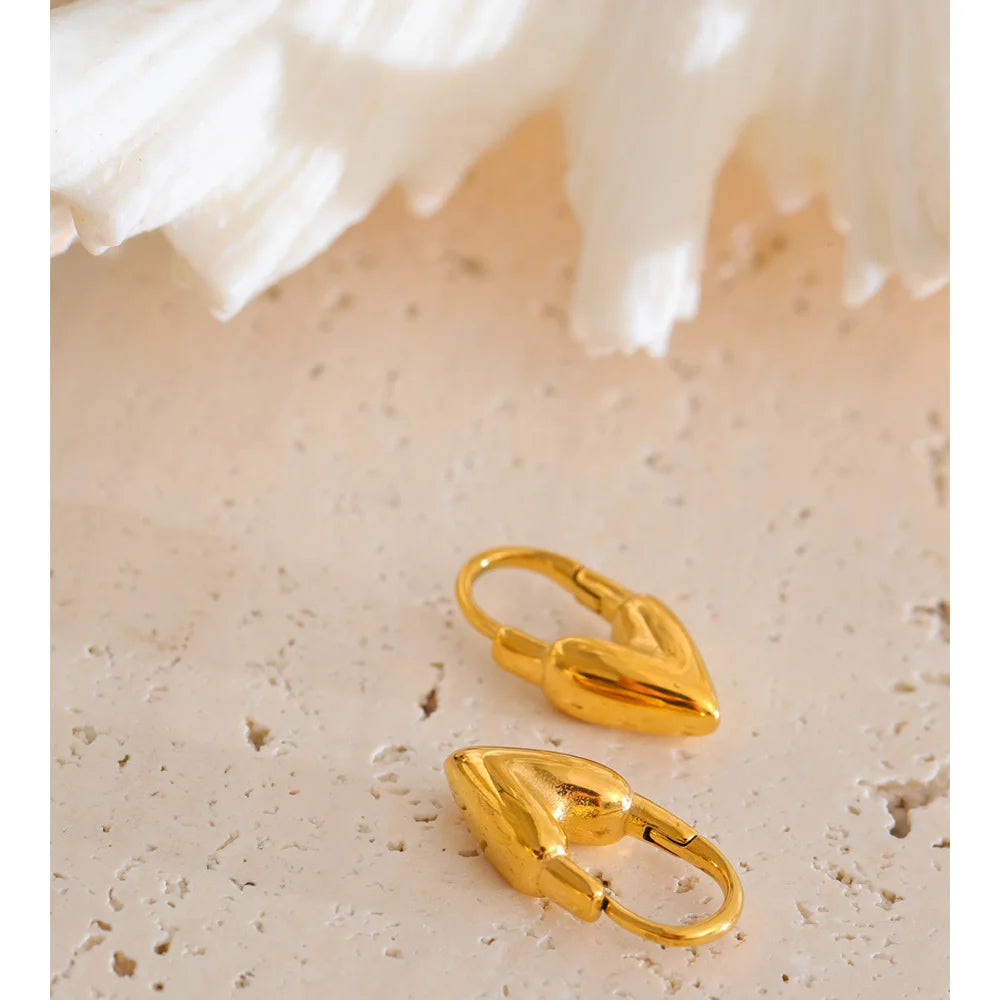 Yhpup 18K Golden PVD Plated Stainless Steel Heart Love Cast Hoop Earrings Anti Allergic Metal Texture Daily Fashion Jewelry Gift