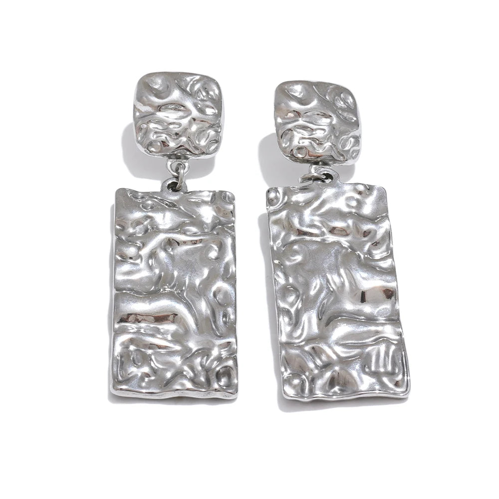 Yhpup Stainless Steel Metal Hammer Rectangle Dangle Drop  Earrings Prevent Allergy Stainless Steel Daily Jewelry Gift
