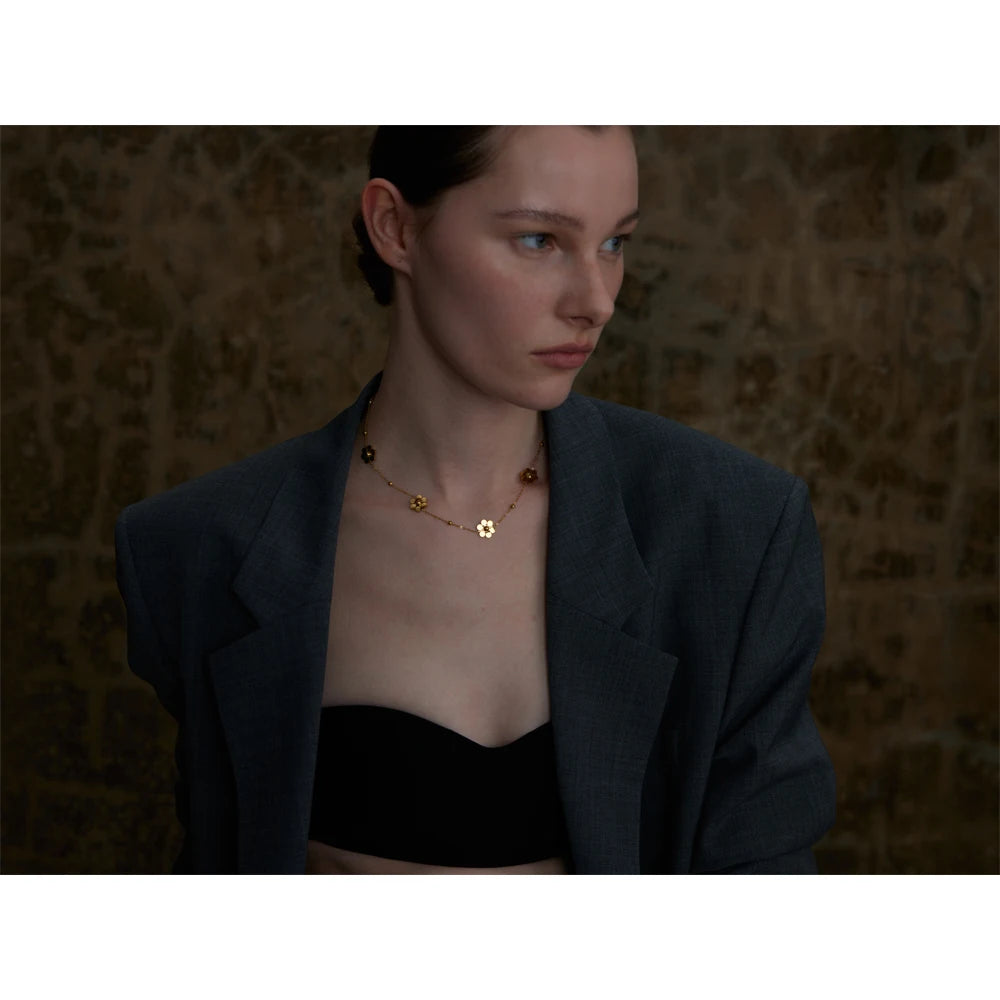Yhpup Stainless Steel Flower Chain Fashion Necklace PVD Plated Golden Waterproof Polished High Quality Jewelry for Women