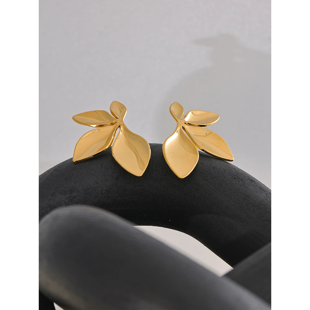 Yhpup Fashion Stainless Steel Leaves Flower Stud Earrings Bright Anti Allergy Waterproof Charm Texture High Quality Jewelry