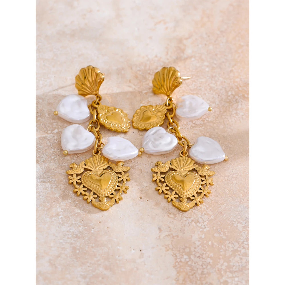 Yhpup Baroque Imitation Pearls Heart Love Drop Dangle Manual Earrings Golden PVD Plated Stainless Steel Charm Statement Jewelry