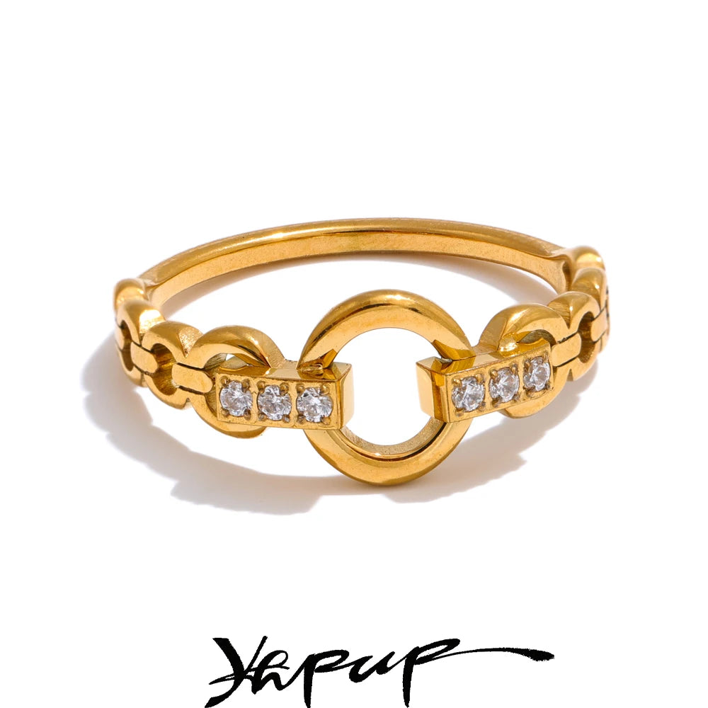 Yhpup 678# High Quality Stainless Steel Cubic Zirconia Setting Link Finger Ring Exquisite Stylish Jewelry Daily Gift for Self