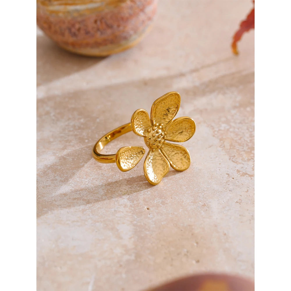 Yhpup Adjustable Stainless Steel Flower Golden Cast Ring Tarnish Resistant Metal Fashion Daily Versatile Finger Jewelry New