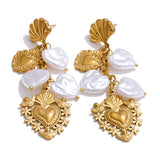 Yhpup Baroque Imitation Pearls Heart Love Drop Dangle Manual Earrings Golden PVD Plated Stainless Steel Charm Statement Jewelry