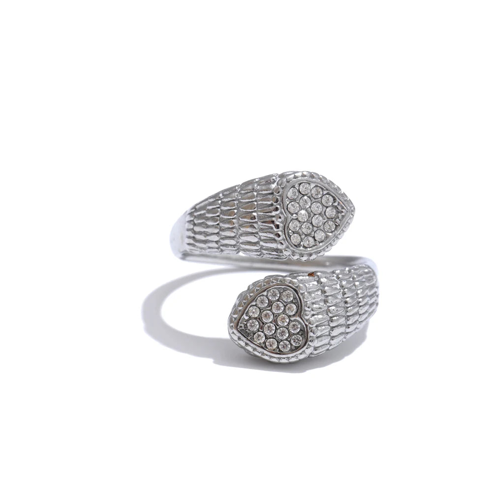 Yhpup Stylish Adjustable Stainless Steel Zirconia Heart Snake Ring for Women 18K PVD Plated Jewelry New