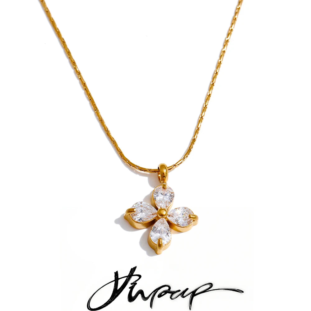 Yhpup Delicate Shiny Cubic Zirconia Flower Pendant Chic Necklace 18K Golden Plated High Quality Fashion PVD Jewelry Waterproof
