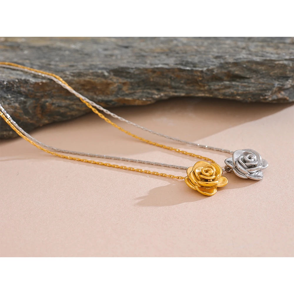 Yhpup Stainless Steel Stereoscopic Flower Pendant Necklace Waterproof 18K Plated Fashion High Quality Golden Jewelry Women