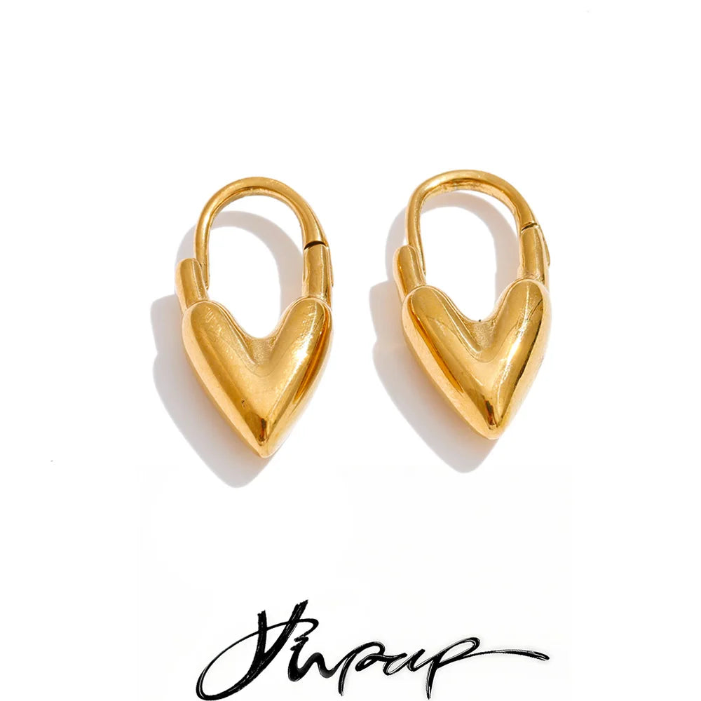 Yhpup 18K Golden PVD Plated Stainless Steel Heart Love Cast Hoop Earrings Anti Allergic Metal Texture Daily Fashion Jewelry Gift