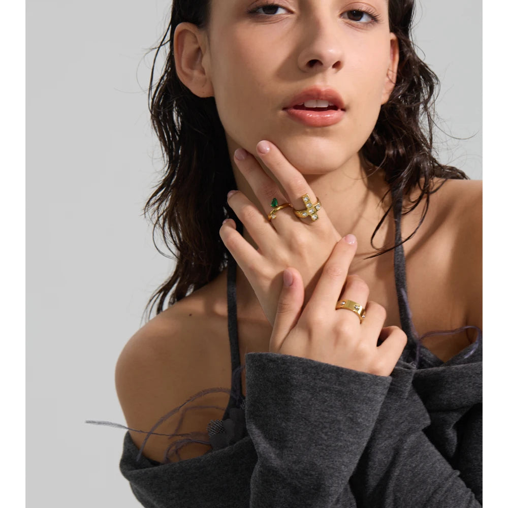 Yhpup Size 678 High Quality Stainless Steel Green CZ Zirconia Chic Korean Ring Fashion Exquisite Polished Smooth Finger Jewelry