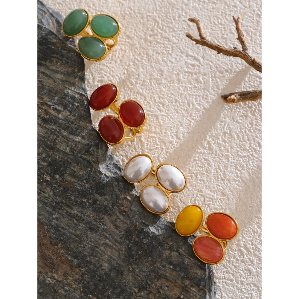 Yhpup Natural Aventurine Agate Stone Shell Pearl Flower Adjustable Ring Fashion Stainless Steel Charm Finger Jewelry Accessories