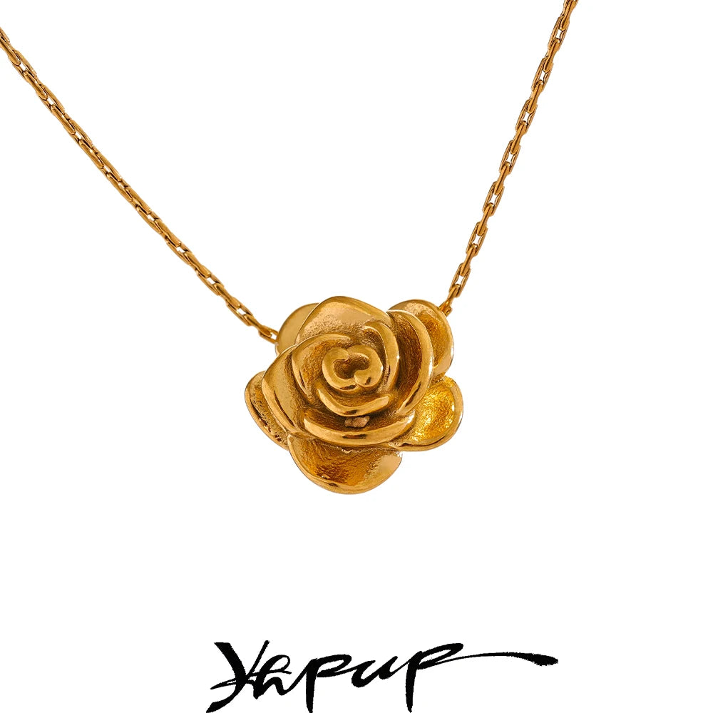 Yhpup Stainless Steel Stereoscopic Flower Pendant Necklace Waterproof 18K Plated Fashion High Quality Golden Jewelry Women