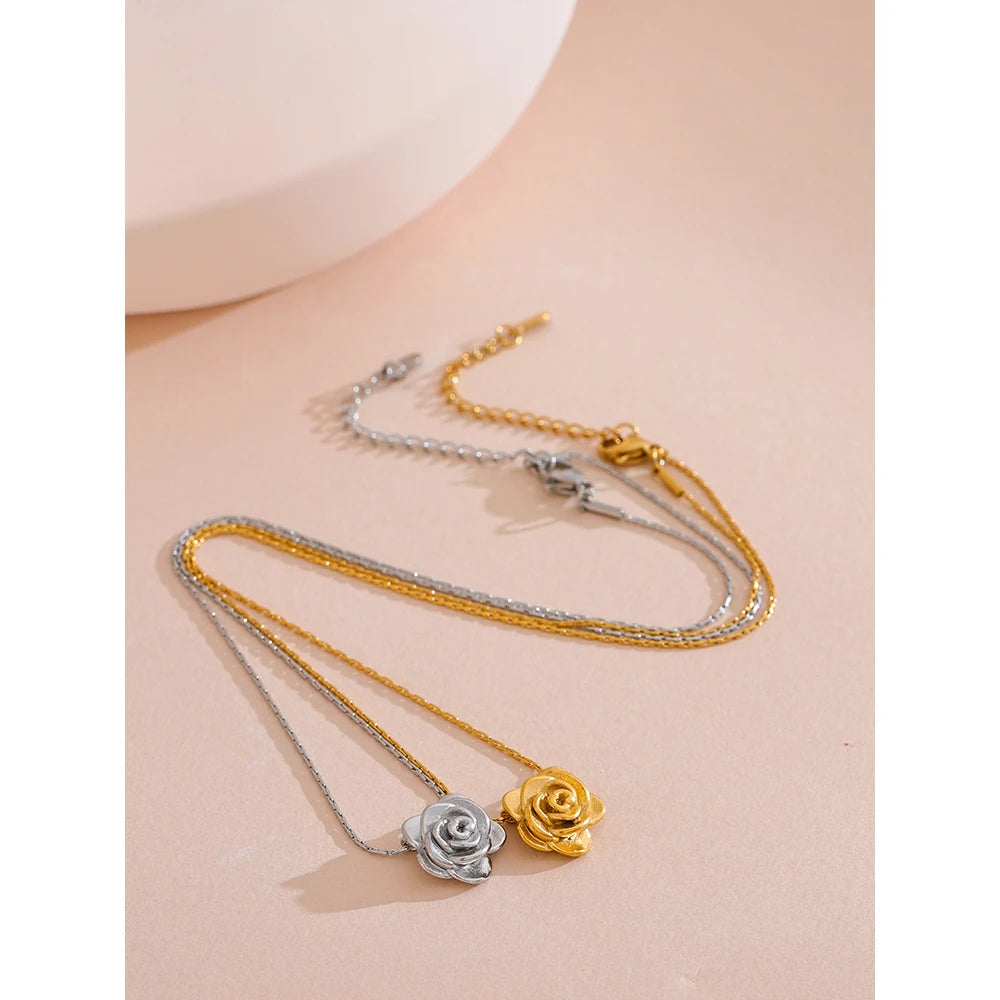 Yhpup Stainless Steel Stereoscopic Flower Pendant Necklace Waterproof 18K Plated Fashion High Quality Golden Jewelry Women