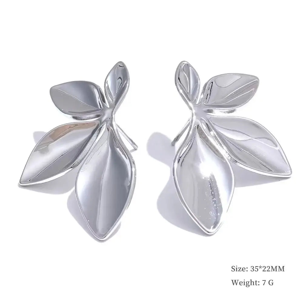Yhpup Fashion Stainless Steel Leaves Flower Stud Earrings Bright Anti Allergy Waterproof Charm Texture High Quality Jewelry