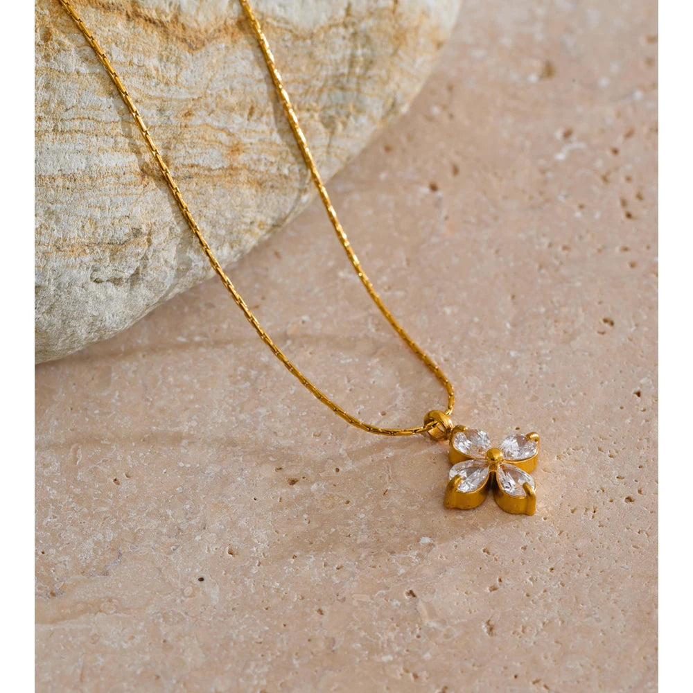 Yhpup Delicate Shiny Cubic Zirconia Flower Pendant Chic Necklace 18K Golden Plated High Quality Fashion PVD Jewelry Waterproof