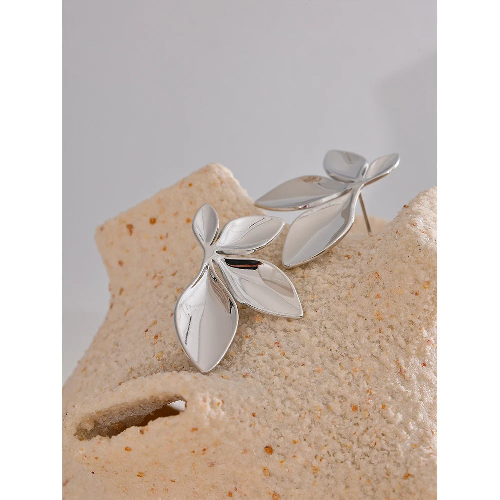 Yhpup Fashion Stainless Steel Leaves Flower Stud Earrings Bright Anti Allergy Waterproof Charm Texture High Quality Jewelry