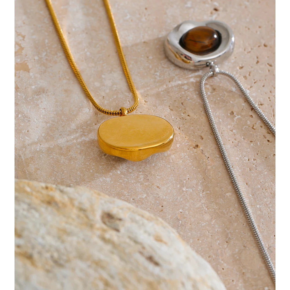 Yhpup Natural Tiger Stone Pendant Necklace High Quality PVD Plated Stainless Steel Collar Popular Jewelry Daily Hypoallergenic