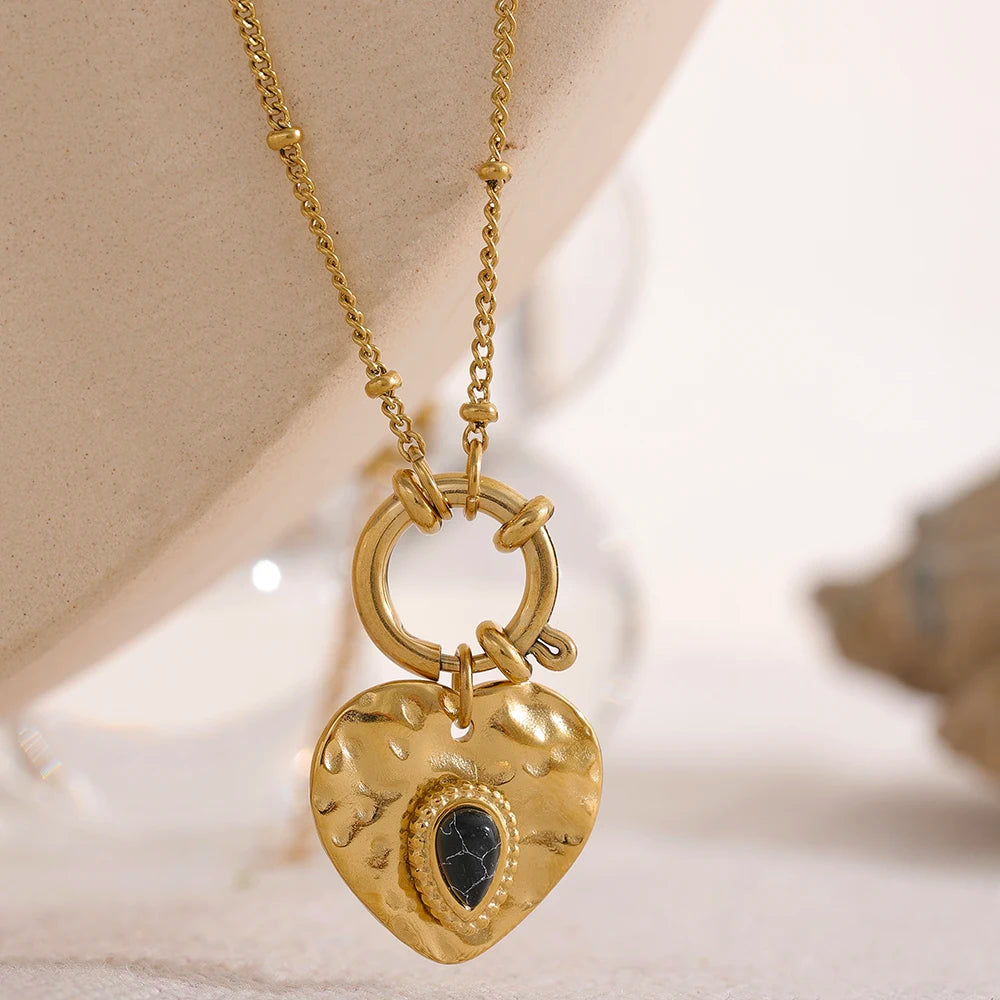 Yhpup Charm Vintage Metal Heart Pendant Stainless Steel Necklace Golden Chain Collar Fashion France Trendy Jewelry Bijoux Women