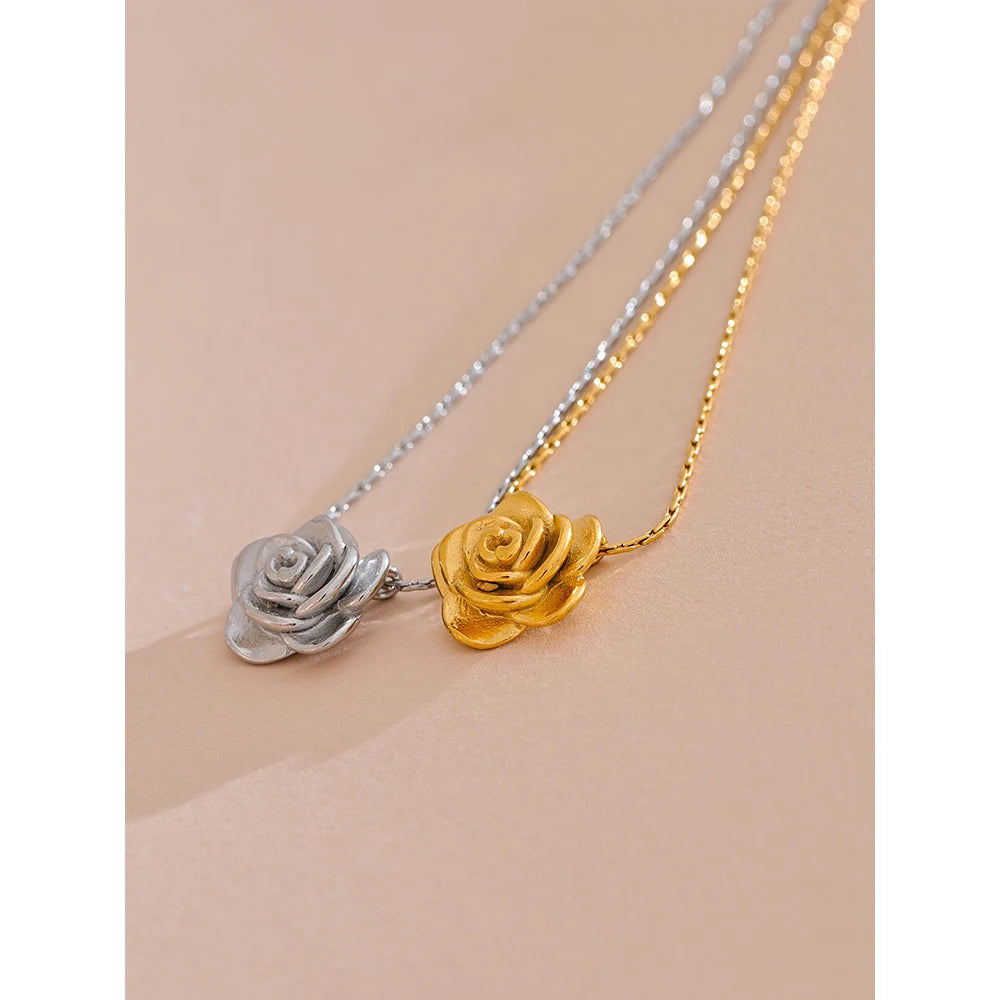 Yhpup Stainless Steel Stereoscopic Flower Pendant Necklace Waterproof 18K Plated Fashion High Quality Golden Jewelry Women