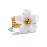 Yhpup Thicker Natural Shell Flower Open Gold Color Ring Fashion Stainless Steel Stylish Exquisite Waterproof Finger Jewelry