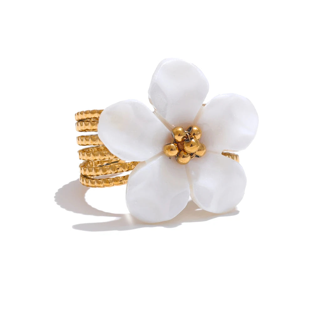 Yhpup Thicker Natural Shell Flower Open Gold Color Ring Fashion Stainless Steel Stylish Exquisite Waterproof Finger Jewelry