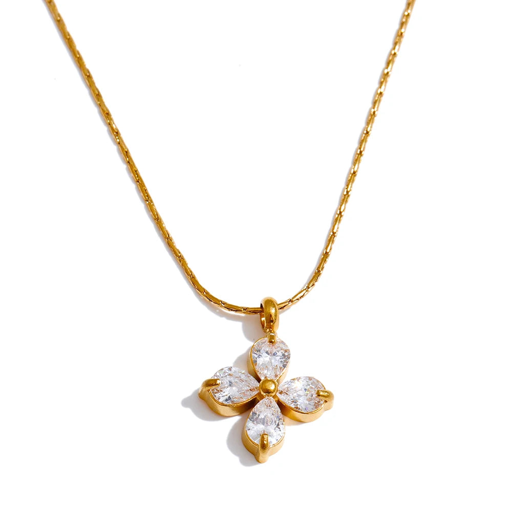 Yhpup Delicate Shiny Cubic Zirconia Flower Pendant Chic Necklace 18K Golden Plated High Quality Fashion PVD Jewelry Waterproof