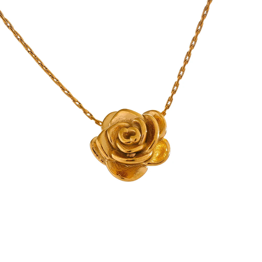 Yhpup Stainless Steel Stereoscopic Flower Pendant Necklace Waterproof 18K Plated Fashion High Quality Golden Jewelry Women