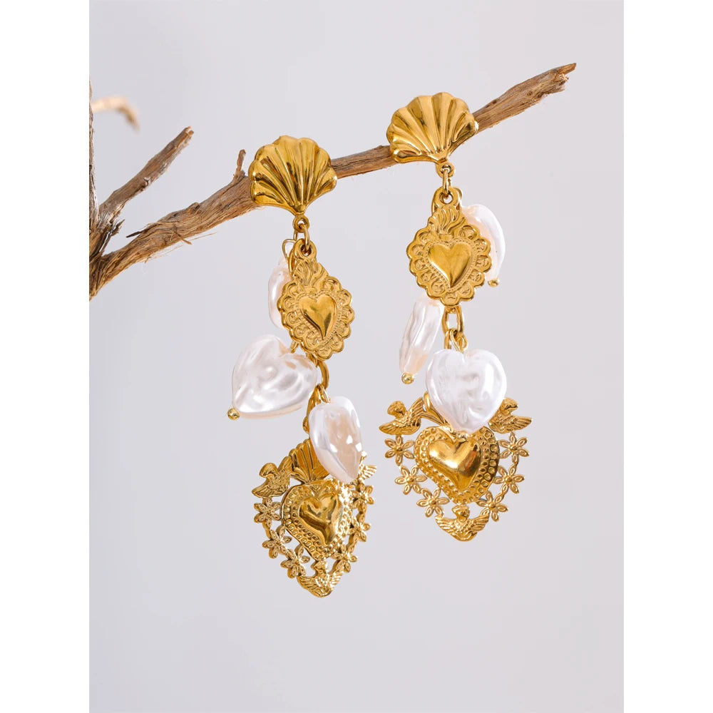 Yhpup Baroque Imitation Pearls Heart Love Drop Dangle Manual Earrings Golden PVD Plated Stainless Steel Charm Statement Jewelry