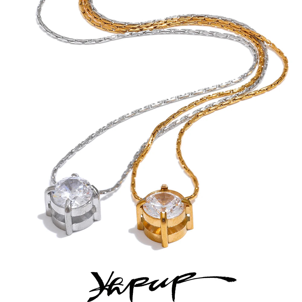 Yhpup Korean Chic Stainless Steel Shiny Cubic Zirconia Cast Delicate Necklace Pendant for Women Daily Waterproof Basic Jewelry
