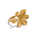 Yhpup Adjustable Stainless Steel Flower Golden Cast Ring Tarnish Resistant Metal Fashion Daily Versatile Finger Jewelry New