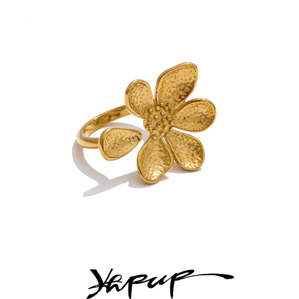 Yhpup Adjustable Stainless Steel Flower Golden Cast Ring Tarnish Resistant Metal Fashion Daily Versatile Finger Jewelry New
