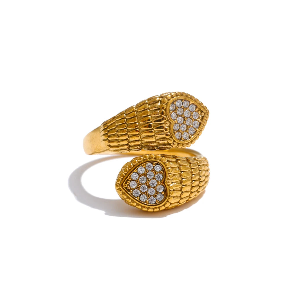 Yhpup Stylish Adjustable Stainless Steel Zirconia Heart Snake Ring for Women 18K PVD Plated Jewelry New