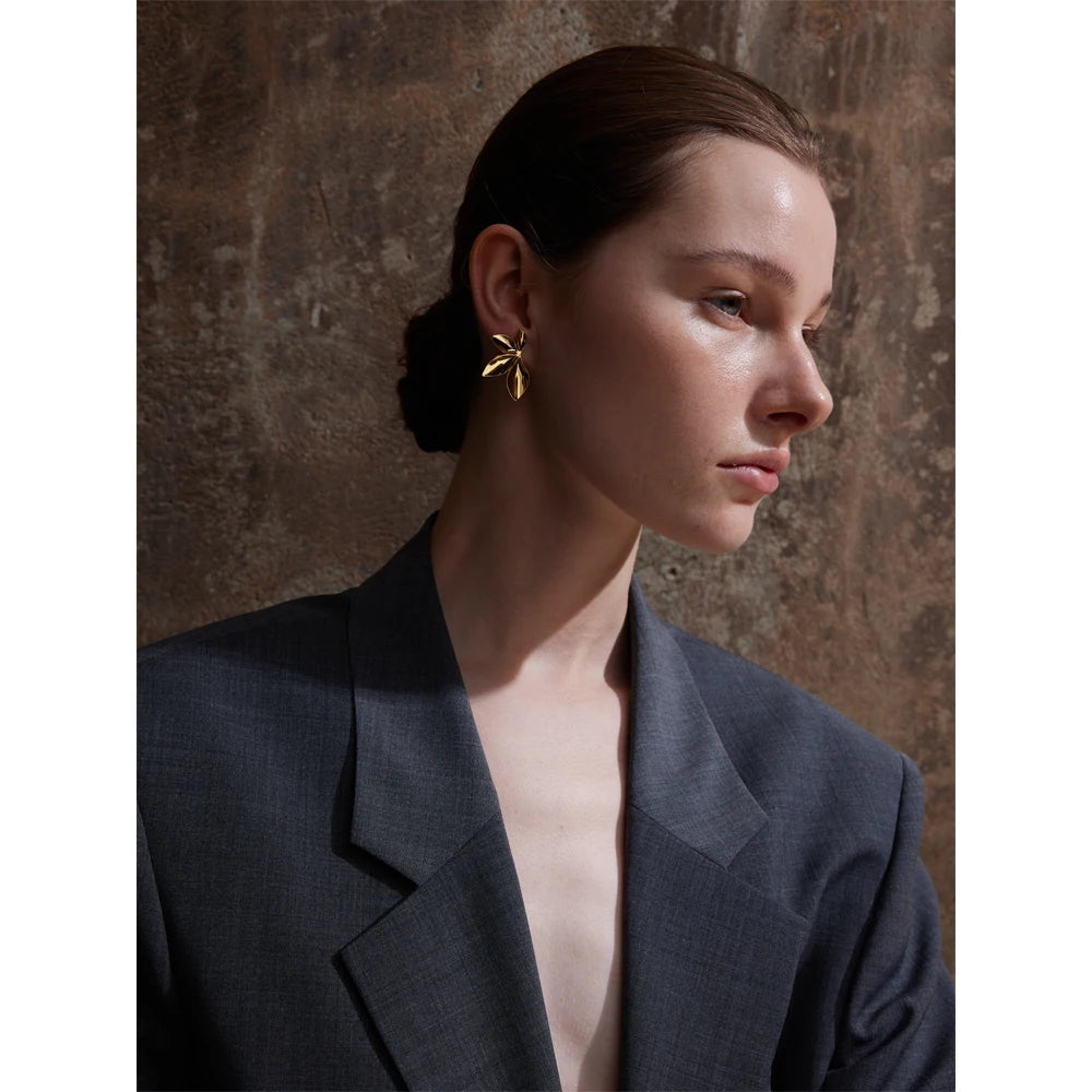 Yhpup Fashion Stainless Steel Leaves Flower Stud Earrings Bright Anti Allergy Waterproof Charm Texture High Quality Jewelry
