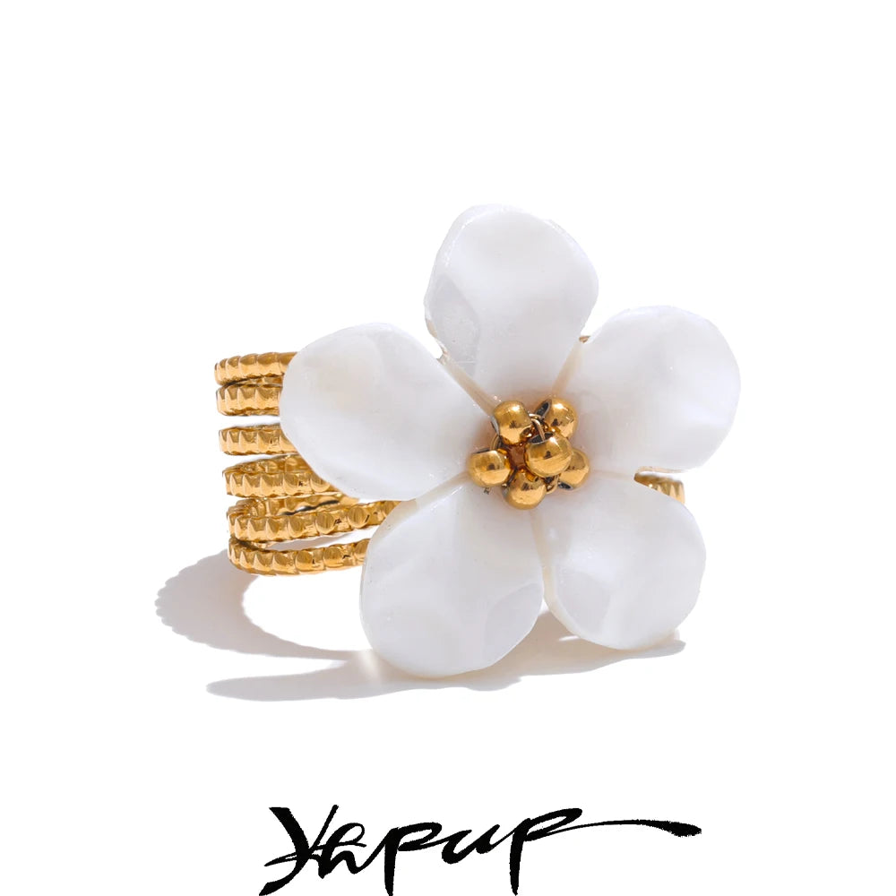 Yhpup Thicker Natural Shell Flower Open Gold Color Ring Fashion Stainless Steel Stylish Exquisite Waterproof Finger Jewelry