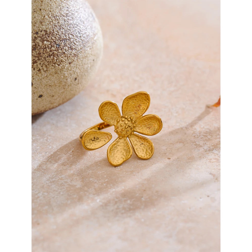 Yhpup Adjustable Stainless Steel Flower Golden Cast Ring Tarnish Resistant Metal Fashion Daily Versatile Finger Jewelry New
